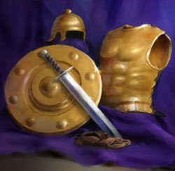Gold shield, helmet, chest armor, and sword on a purple fabric background