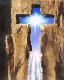 Rock wall with an opening shaped like a cross and a waterfall coming out of the cross