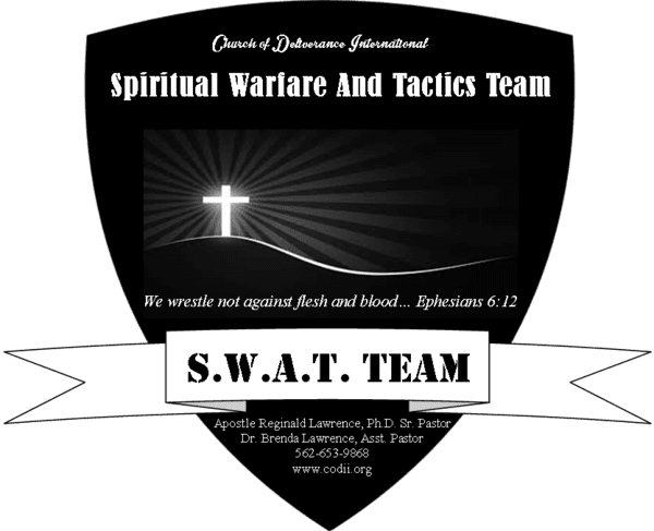 Spiritual Warfare and Tactics Team logo, black shield with a white cross and white banner over it